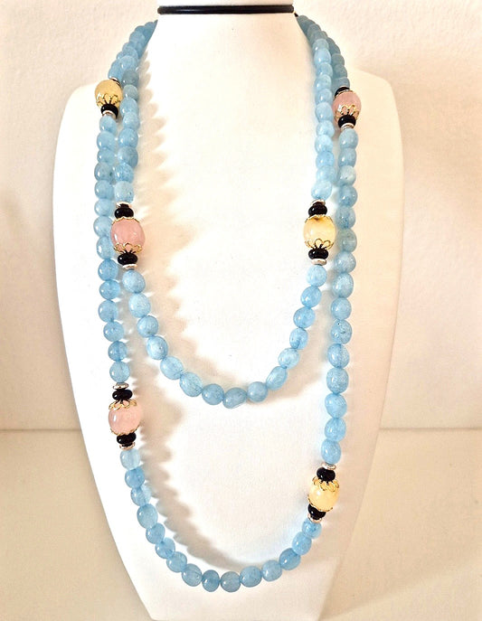 Collana Acquamarine e Calcedoni naturali
